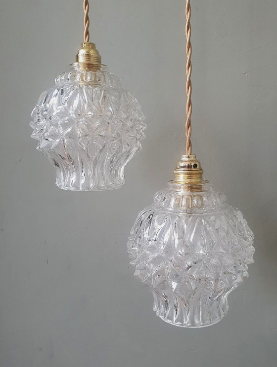 Image 1 of Set van 2 Vintage getextureerde bollampen - hanglampen - midcentury design. 
