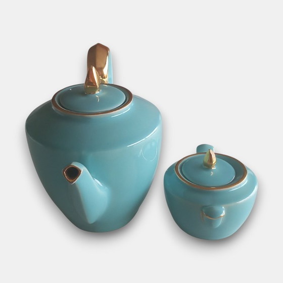 Image 1 of Vintage (1960-1970) handmade design tea set in turquoise glaze with gold accents – teapot and sugar bowl with lid