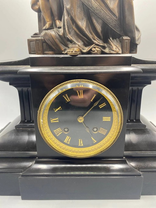 Clock and bronze sculpture signed Jean-Jules Salmson – Black marble – Barrard and Vignon Paris clockwork – (photo 2 of 12)