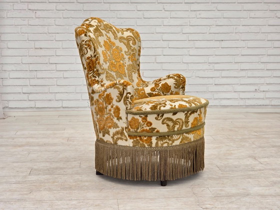 Années 1970, paire de 2 petits fauteuils danois, tissu d'ameublement marron/beige. – Textile (photo 5 of 15)