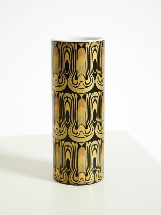 Image 1 of Two beautiful 1970s porcelain vases by Björn Wiinblad for Rosenthal Studio-Linie. Abstract peacock feathers in gold and black