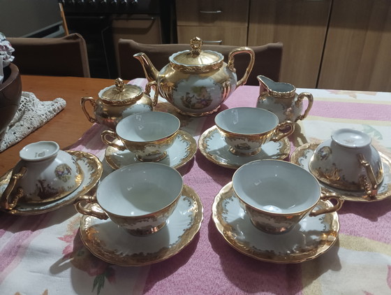 Image 1 of Vintage Bavaria Tea Service - 24K Gold Porcelain and Galanti Scenes, 15-Piece Set.