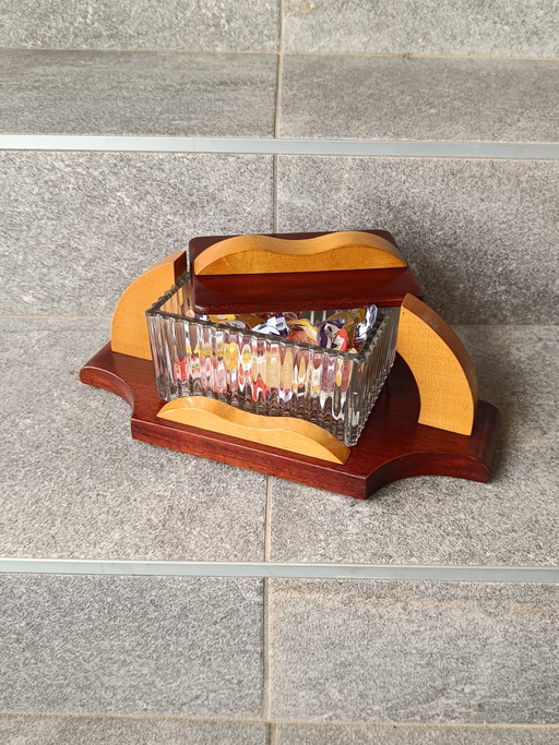 Scatola porta caramelle/vasetto per bonbon vintage in legno e vetro, Italia anni '60