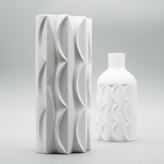 Image 1 of Retro Scherzer Werner Uhl Design Bisque Porcelain Bottle Vase Op-Art Relief DUO