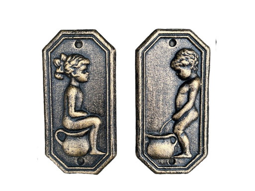 Ensemble de deux enseignes de toilettes en fonte de bronze d'époque