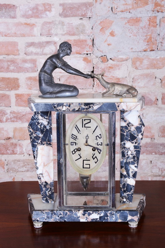 Restored Art Deco Fireplace Clock, Marble, Bronze, Glass, France. 1920s, Black (photo 5 of 15)
