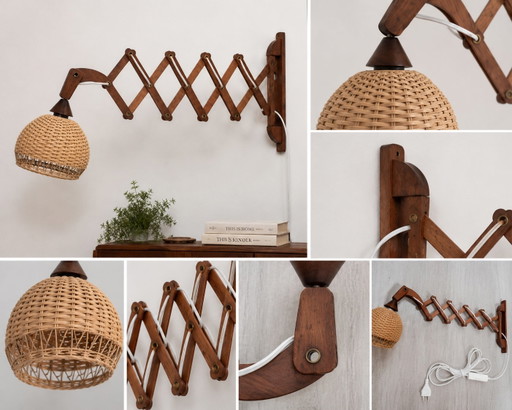 Vintage Teak Scissor Wall Lamp with Rattan Shade – 1960s/70s Scandinavian Design – wandlampen, Wicker, Wood