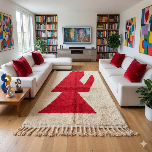 Alfombra Beni Ouraine, hecha a mano al estilo tradicional marroquí, roja y blanca, 150x250 cm.