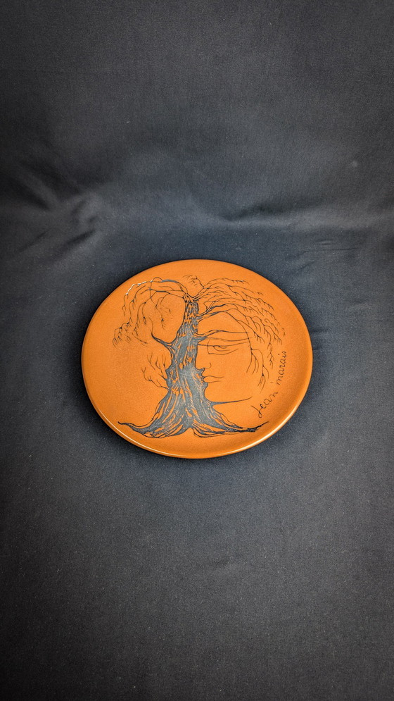 Image 1 of Assiette En Céramique Vernissée Signée Jean Marais Visage & Arbre Vallauris