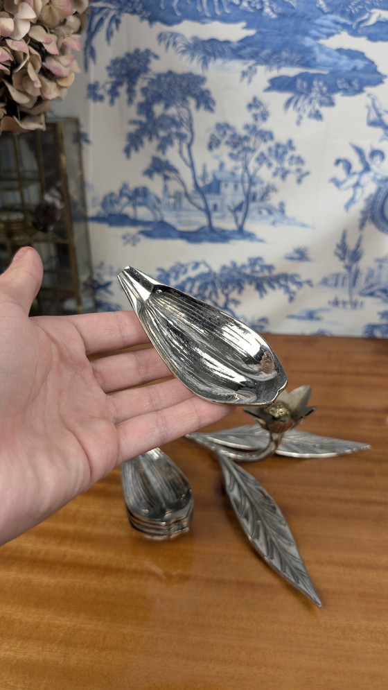 Image 1 of Vintage 1970s Hollywood Regency style silver-plated flower ashtray