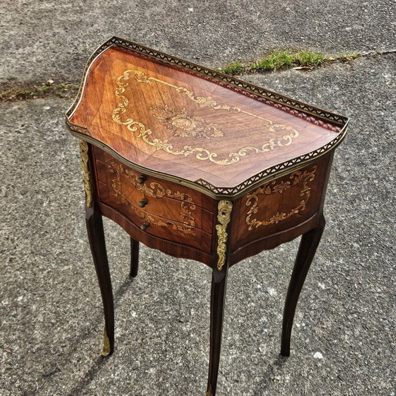Image 1 of Chateau Ligny - French Antique Marquetry Nightstand - Fine Wood and Brass Console-Bedside Table-Style Louis XV- 1930s