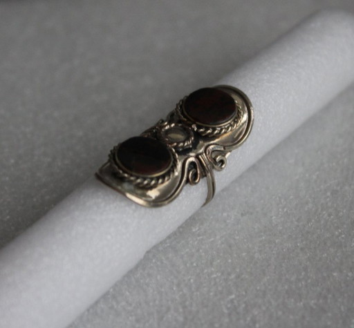 Large boho statement ring, handmade from alpaca silver with 2 small brown round semi-precious stones. Adjustable size.