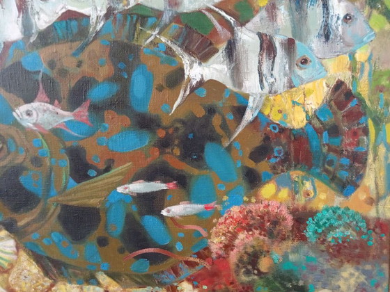 Origineel Olieverfschilderij Abstracte Onderwaterwereld Grote Vis – Schilderijen & Tekeningen, Canvas (photo 6 of 8)