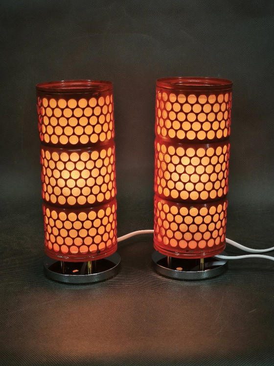 Pair of Red Perforated Metal Space Age Table Lamps, Czechoslovakia, 1970s, Chrome (photo 13 of 13)