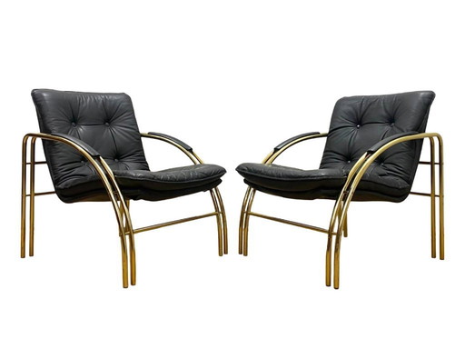 Vintage leren en metalen fauteuils, jaren 90, set van 2