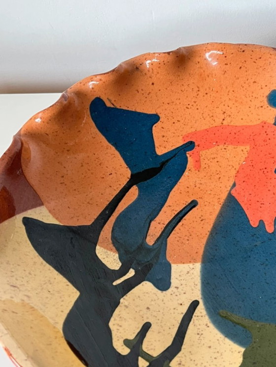 Image 1 of Cuenco de cerámica esmaltada abstracta orgánica / cerca vacía / cesta de fruta firmada