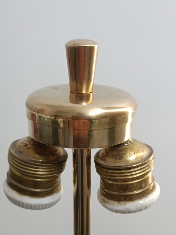 Met leer beklede messing lamp van Jacques Adnet, jaren 1950 – Tafellampen, Leather, Brass (photo 3 of 12)