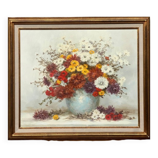 Nature morte signée de chrysanthèmes. Huile sur toile. – schilderijen tekeningen, Canvas