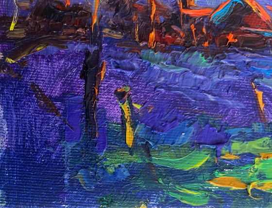 Image 1 of Original Oil Painting Evening Village Landscape Yellow sunset over the village