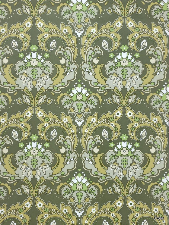 14297 Papier Peint Vintage Baroque New Old Stock Vert Olive Jaune Blanc – Décorations murales, Paper (photo 9 of 9)