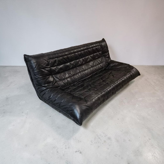 Image 1 of Vintage designer leather 3-seater sofa, couch, Rolf Benz, 1970s/1980s, modern design, black