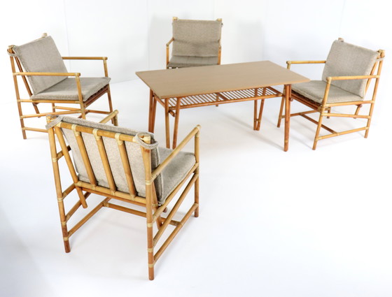 Image 1 of Set Of 4 Safari Bamboo Chairs + Table 'Geleen' Vintage