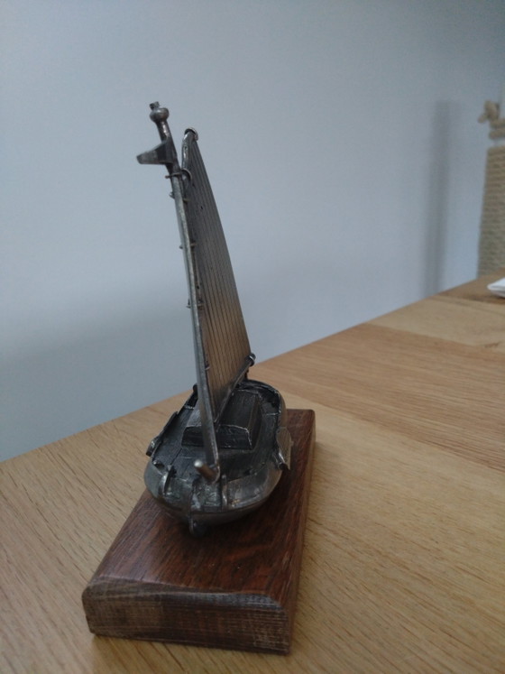 Ornamental Pewter Dutch Flat-Bottom Boat – onbekend, Decorative Objects, Other (photo 2 of 5)