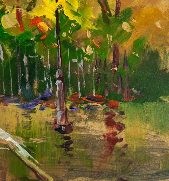 Image 1 of Original Oil Painting City Street Landscape Autumn leaves are flying