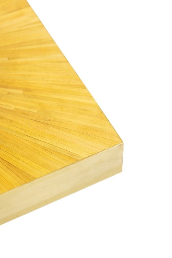 Image 1 of Tavolino da caffè in intarsio di paglia e ottone. Contemporaneo