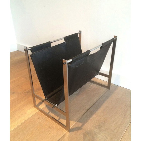 Image 1 of Vintage brushed steel and leather magazine rack, 1970