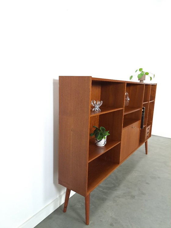 Image 1 of Danish teak wide LP cabinet with shelves, drawers and bar with mirror