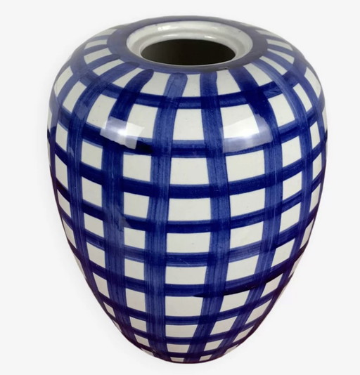 Vase En Céramique Bleu & Blanc Peint À La Main