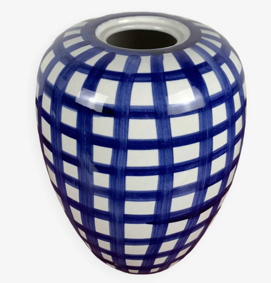 Image 1 of Vase En Céramique Bleu & Blanc Peint À La Main