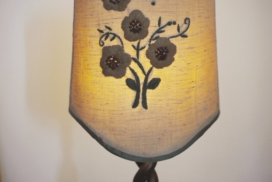 Image 1 of Vintage Carved Wood Barley Twist Lamp with Hand Embroidered Floral Shade and Acanthus Leaf Tripod Feet