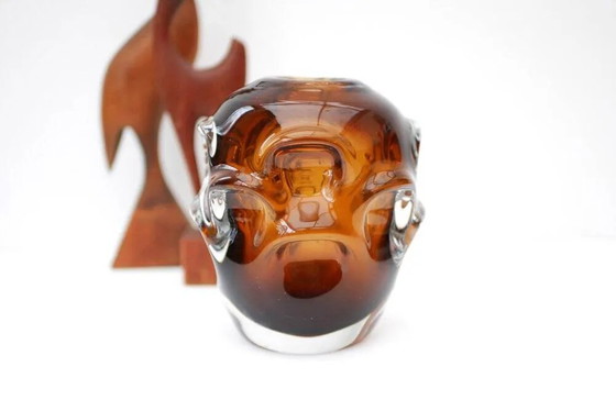 Image 1 of Mid-century modern biomorphic-shaped handmade crystal vase in amber and brown attributed to Börne Augustsson for Åseda, Sweden