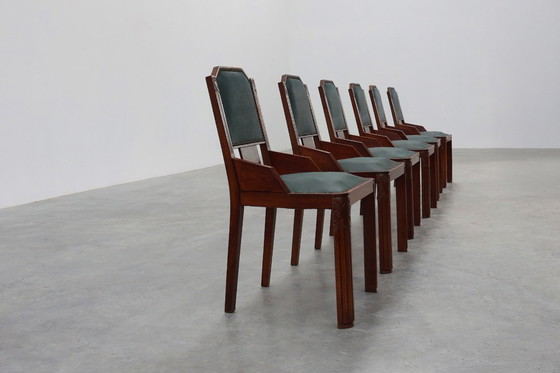 Image 1 of Set van 6 Art Deco eetkamerstoelen in hout met originele bekleding, België jaren 30