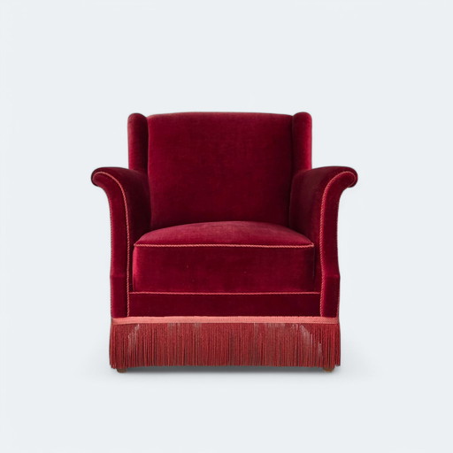 Fauteuil danois des années 1960, velours d'ameublement rouge cerise, bois de frêne, original