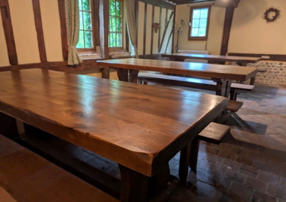 Set of 3 Solid Oak Monastery Tables with 6 Matching Benches – 220 cm – Dining tables, Wood (photo 5 of 5)