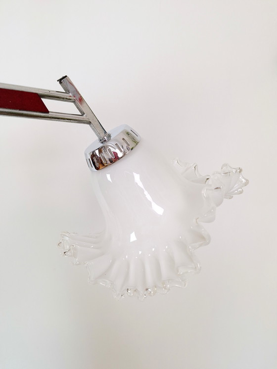 Image 1 of Vintage kroonluchter, 3 Arm Keramiek en Glas Tulp Plafondlamp, Vintage Licht Armatuur, 70s Hanglamp, Mid Century Modern Lam