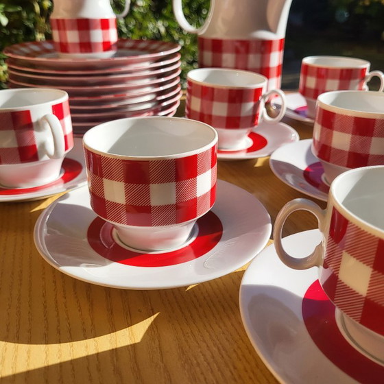 Vichy red and white checkered coffee/tea set, 1960-70, KRONESTER BAVARIA, Crockery, Porcelain, Vintage (photo 11 of 15)