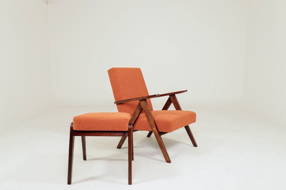 Image 1 of Vintage armchair and footrest set terracotta orange bouclé  
