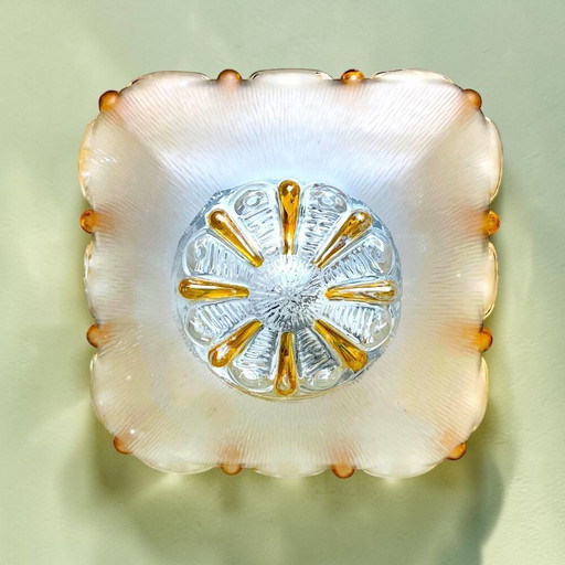 Plafonnier ou applique murale carrée encastrée en verre de Murano clair et ambré