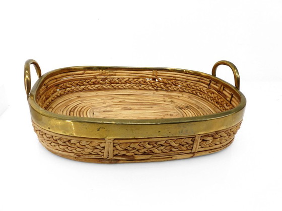 Image 1 of Cestino e ciotola in rattan e ottone nello stile di Gabriela Crespi, Italia 1960-1970