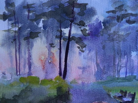 Original Watercolor Painting Cityscape Park Morning After Rain – Paintings & Drawings, Paper (photo 4 of 7)