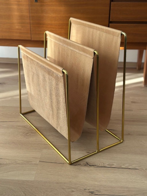 Magazine holder / magazine rack Blizz - Double - Cognac leather/gold