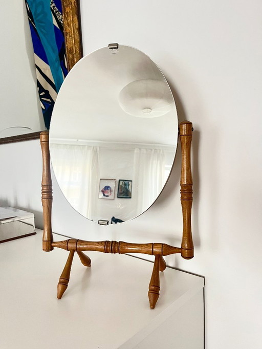 Vintage 1970s Tilting Table Mirror with Wooden Base and Frame