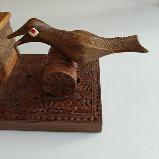 Hand-Carved Mechanical Bird Cigarette Dispenser | Folk Art Wooden Box | Working Mechanism
