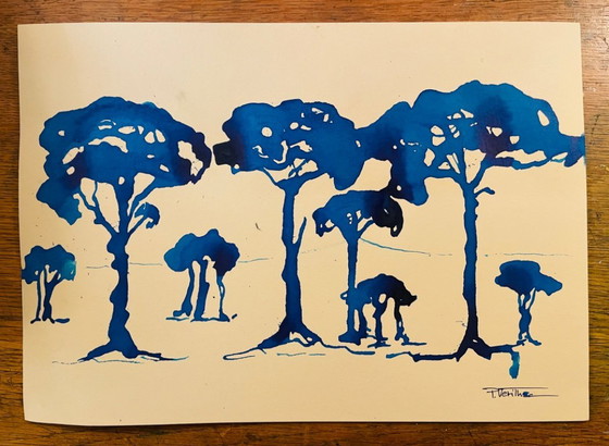 Image 1 of Dipinto ad acquerello monocromatico firmato "Pineta al crepuscolo"