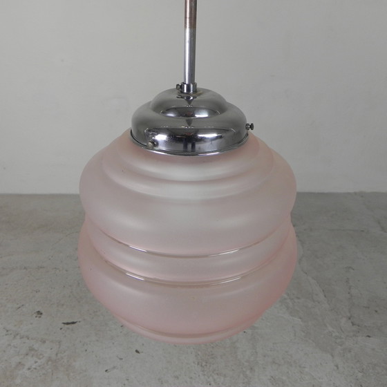 Image 1 of Lampada a sospensione Art Déco con paralume in vetro rosa, anni '30