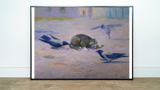 Original Oil Painting Animals Cat Birds Raven Strategy – Paintings & Drawings, Canvas (photo 3 of 8)